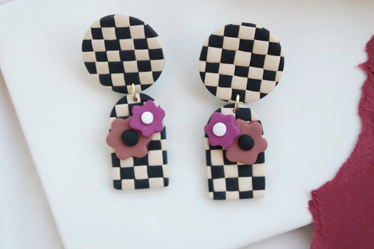 Checkerboard Flower Dangle - Black & Tan