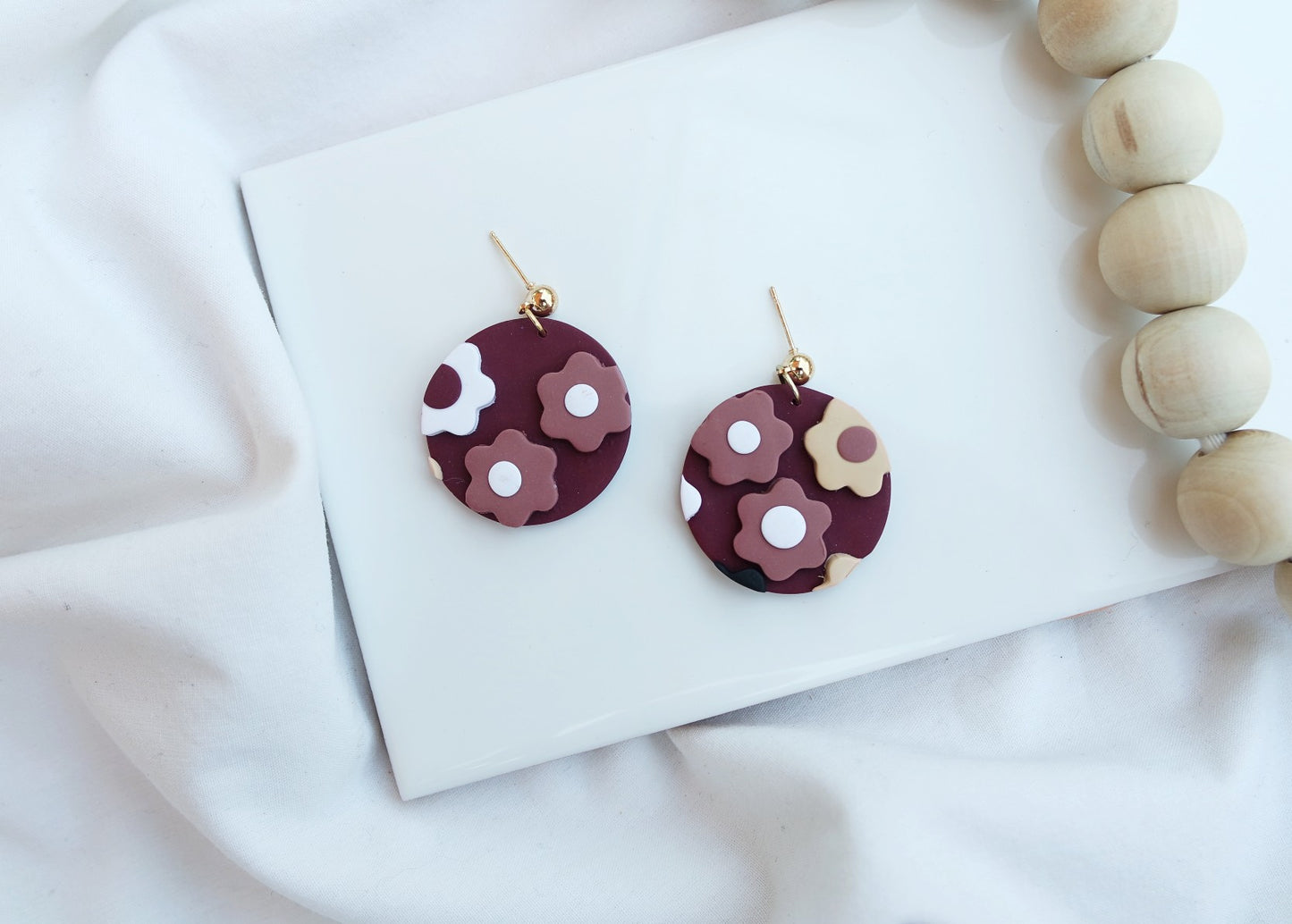 Burgundy Flower Slab Circle Stud