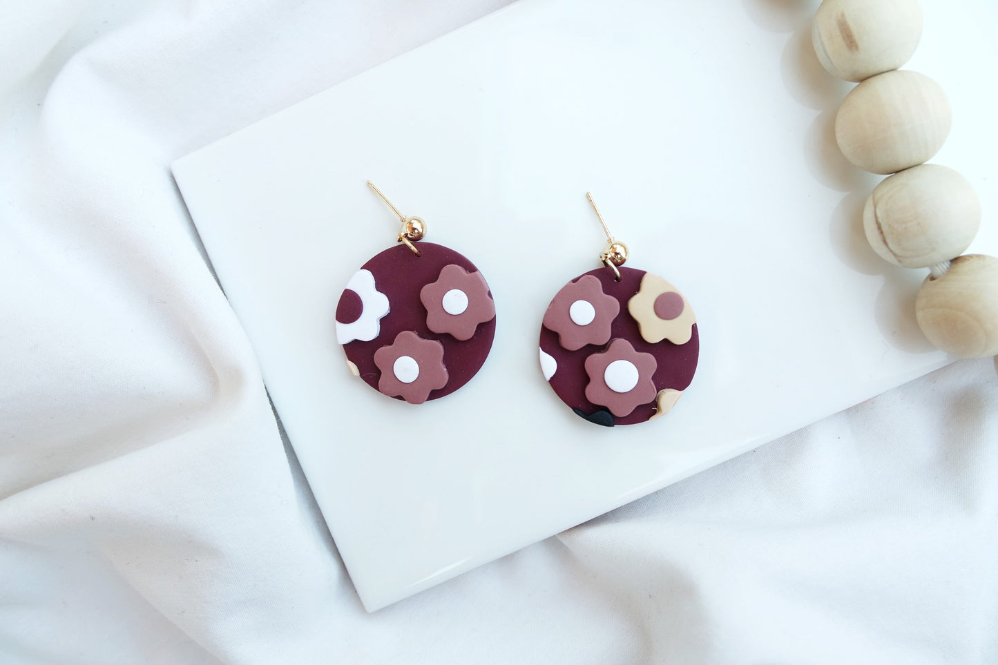 Burgundy Flower Slab Circle Stud