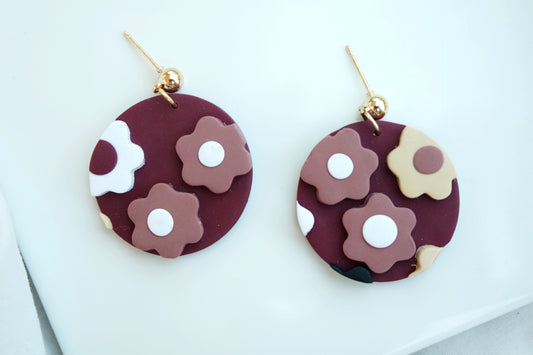 Burgundy Flower Slab Circle Stud
