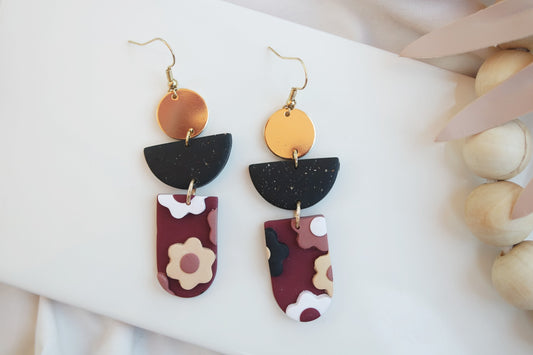 Burgundy Flower Slab/Black Speckled/Gold Dangle