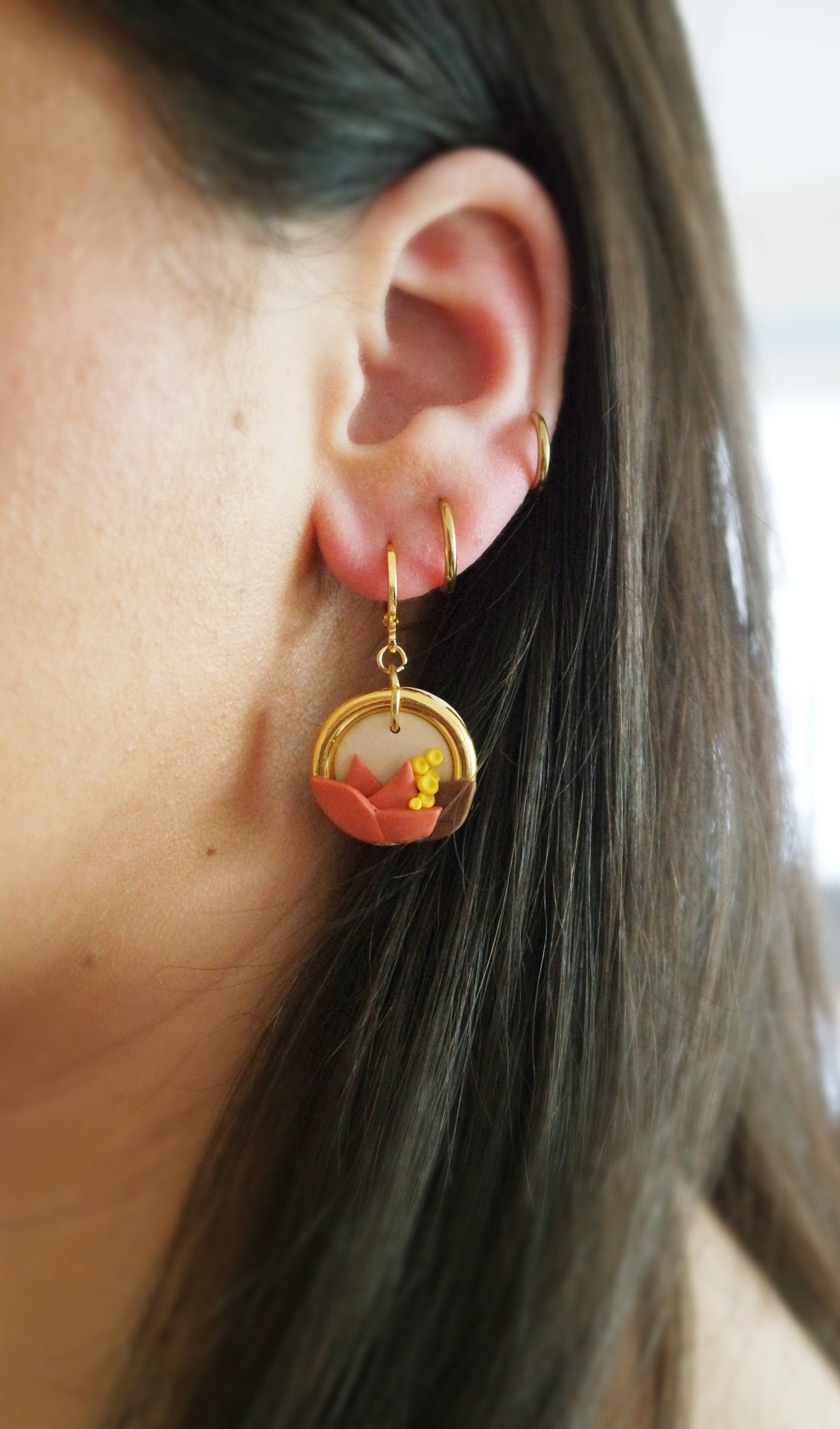 Orange Lotus Gold Hoop Huggie