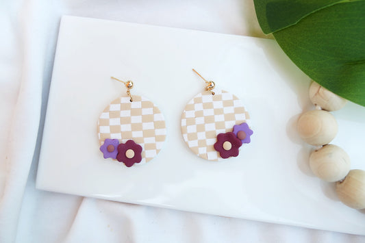 Checkerboard Circle Studs - Cream & Tan