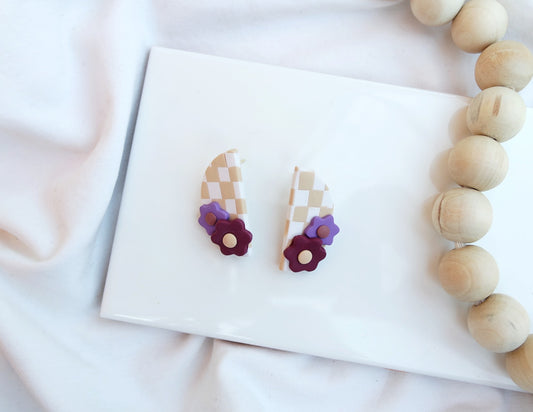 Checkerboard Half Moon Stud - Cream & Tan