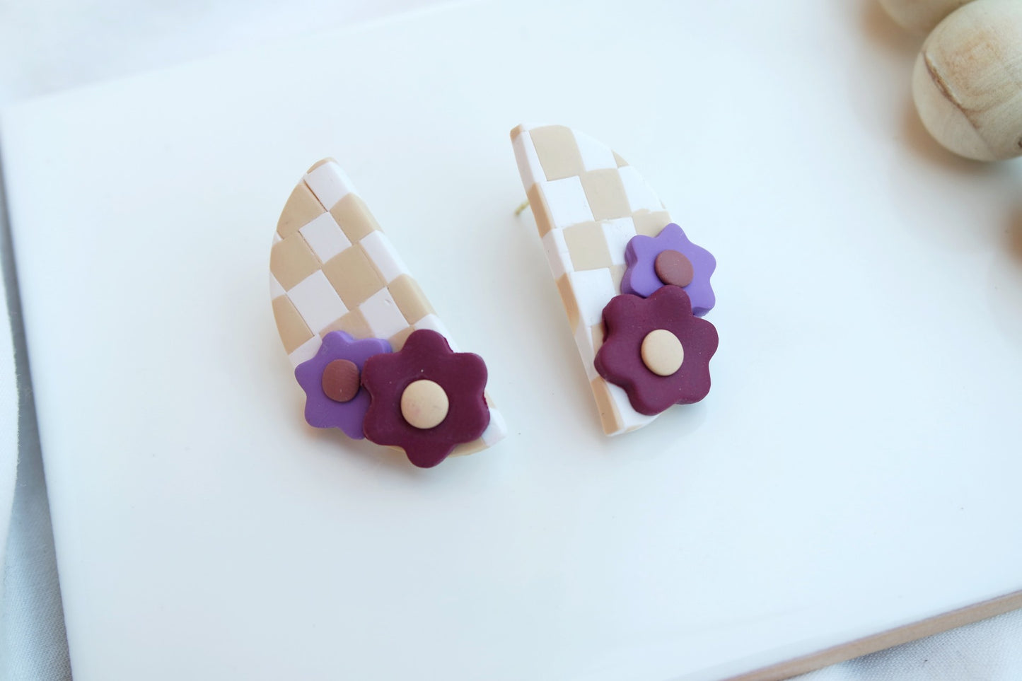 Checkerboard Half Moon Stud - Cream & Tan