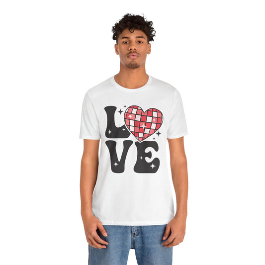Valentine's Day T-shirt,  Love Disco Ball Holiday Shirt, Love Disco Heart Valentine Day Tee, Women's Men's Valentine's Holiday T-shirt Tee