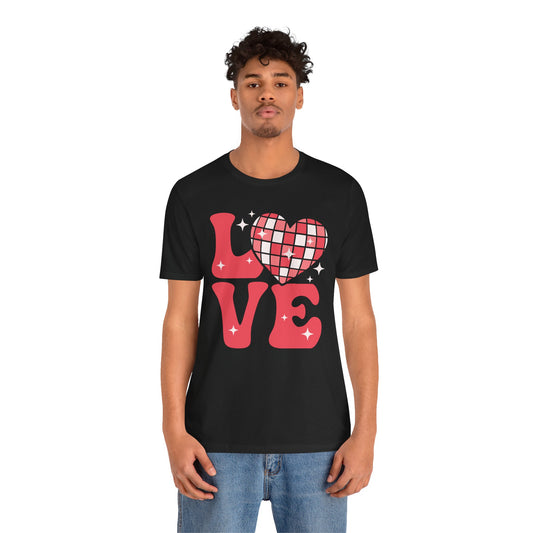 Valentine's Day T-shirt,  Love Disco Ball Holiday Shirt, Love Disco Heart Valentine Day Tee, Women's Men's Valentine's Holiday T-shirt Tee