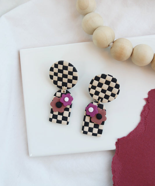 Checkerboard Flower Dangle - Black & Tan