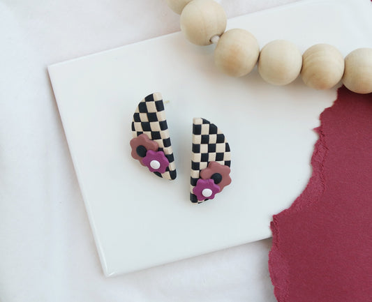 Checkerboard Half Moon Studs - Black & Tan