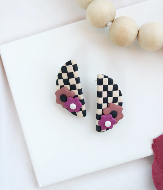 Checkerboard Half Moon Studs - Black & Tan