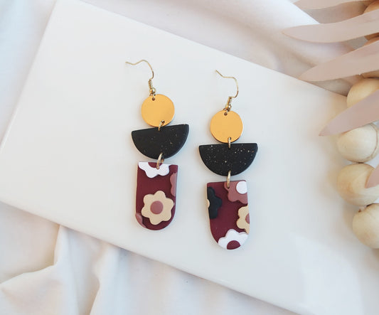 Burgundy Flower Slab/Black Speckled/Gold Dangle