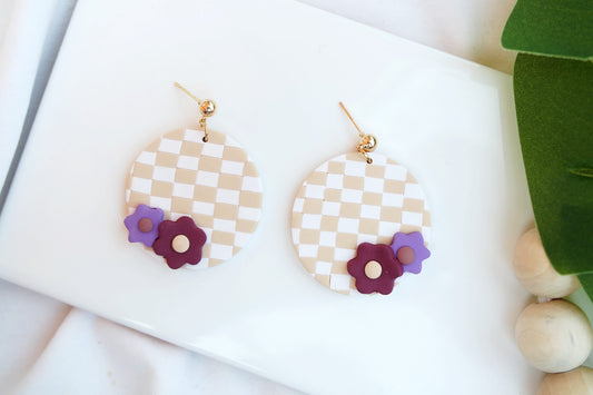 Checkerboard Circle Studs - Cream & Tan